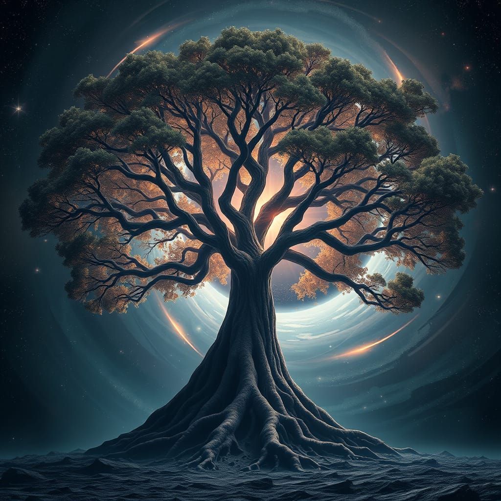 Ethereal Tree of Cosmological Wonder in Hyperrealistic Style