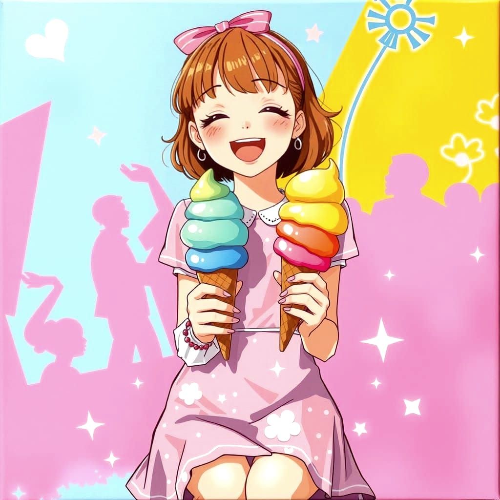 Happy Kawaii Girl with Ice Cream in Anime Style