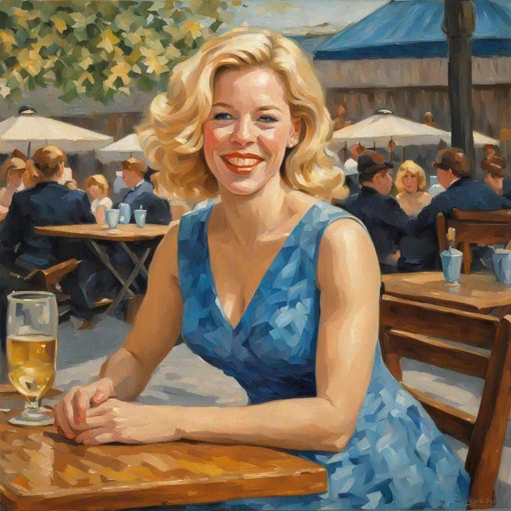 Pretty Woman in Blue Dress at a Post-Impressionist Cafe