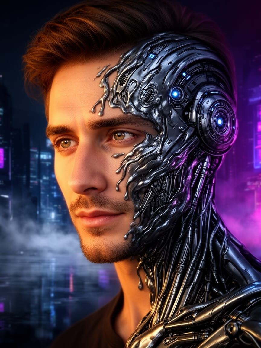 Man's Dual Nature: Human and Cybernetic Portrait