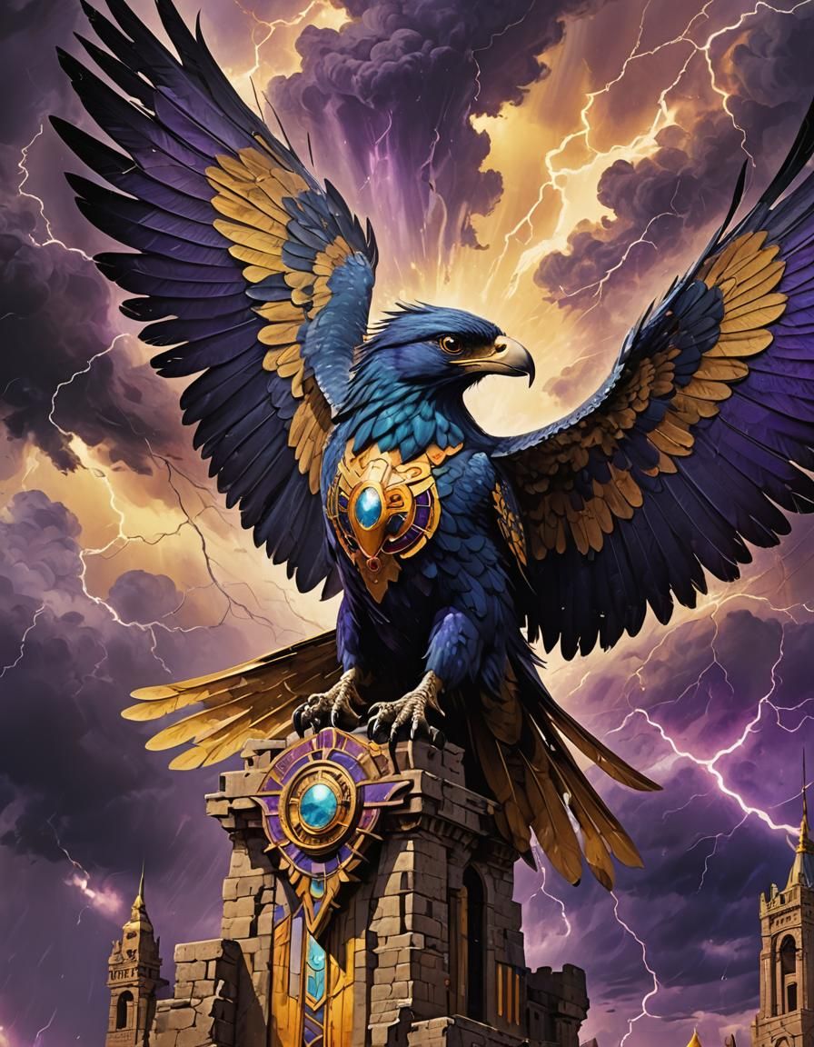 Native American Thunderbird Strikes Tower, Dark Fantasy Art