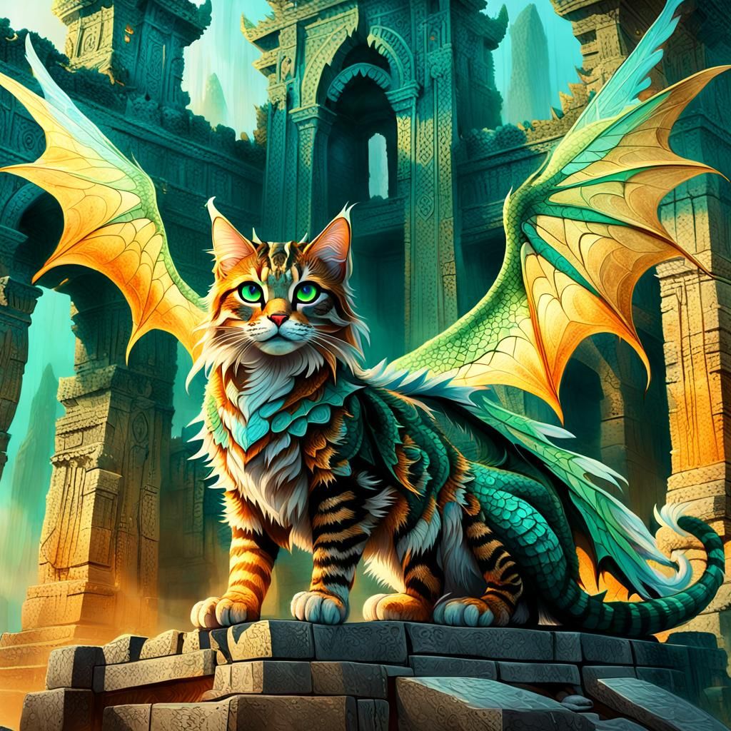 Tabby Cat with Dragon Wings on Ancient Temple