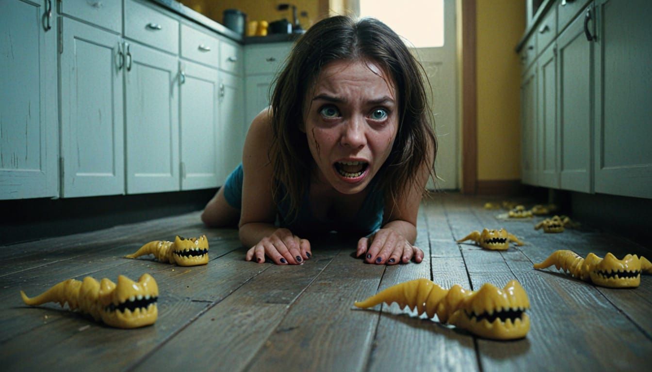 Terrified Woman Surrounded by Teeth in Eerie Horror Art