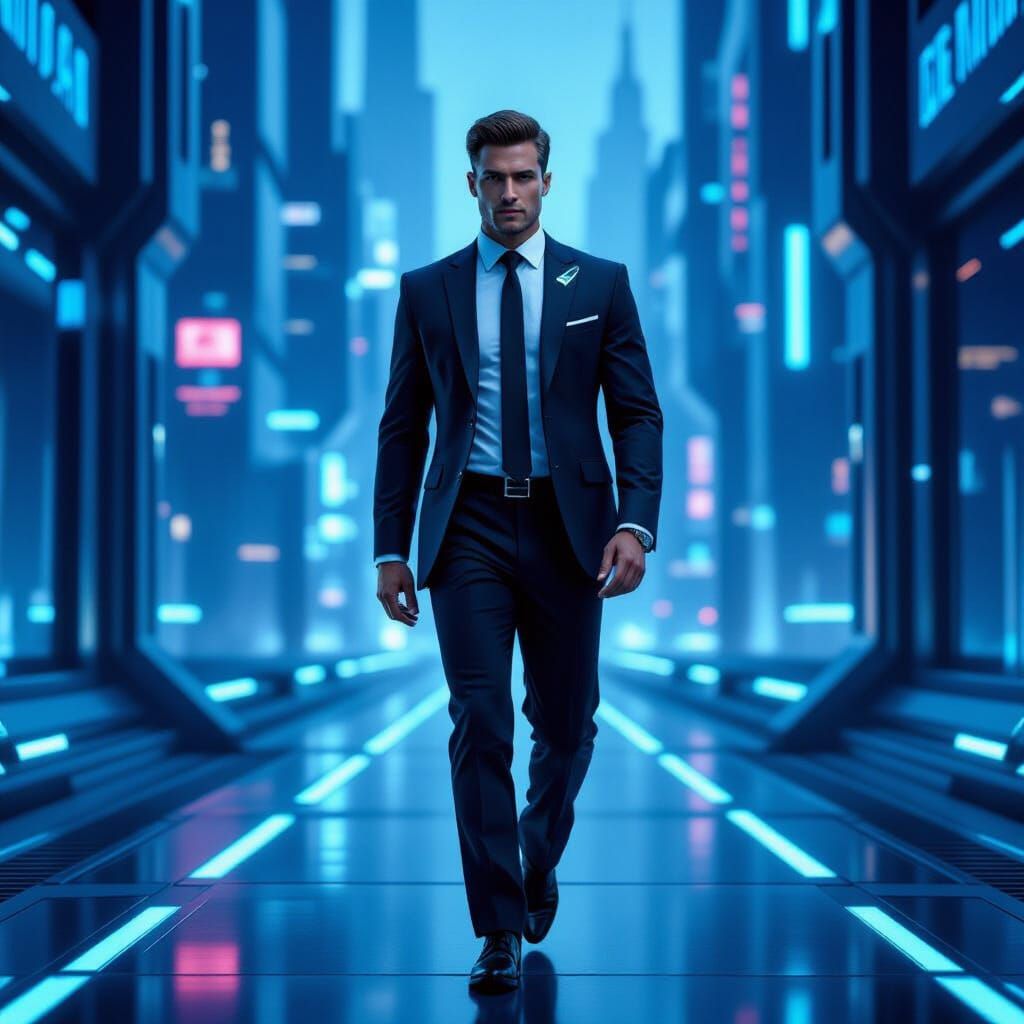 Confident Futurist in Tailored Sci-Fi Suit