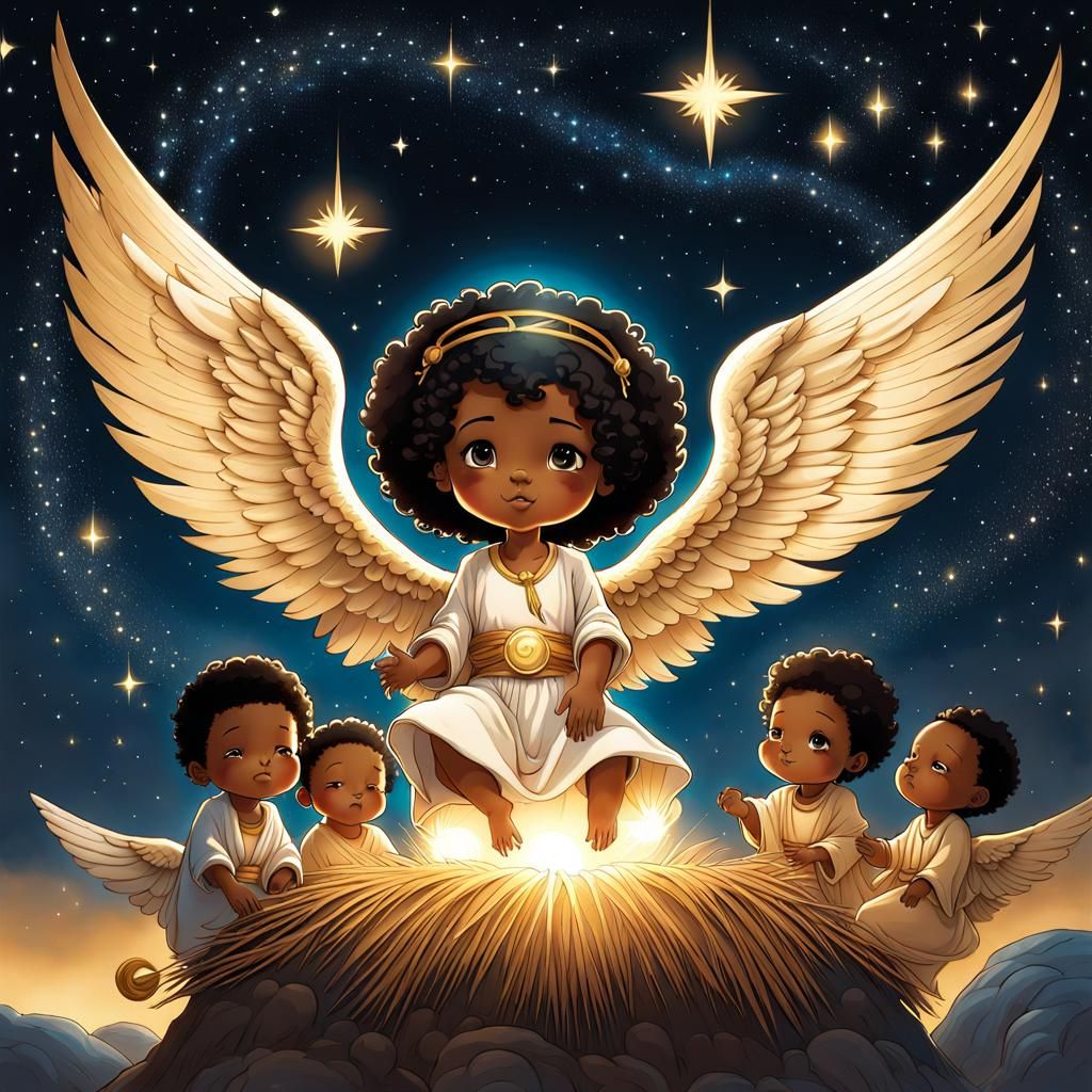 Chibi African American Angels Fly Over Nativity