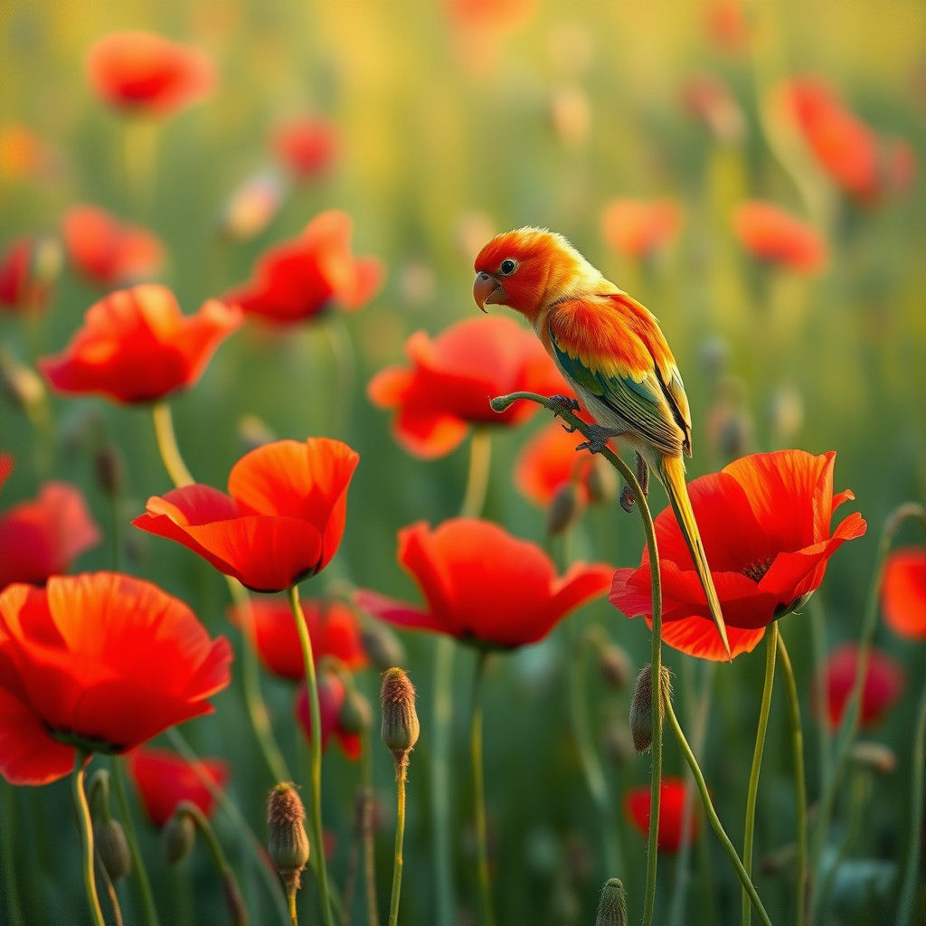 Poppies and Lorikeet in Impressionistic Meadow