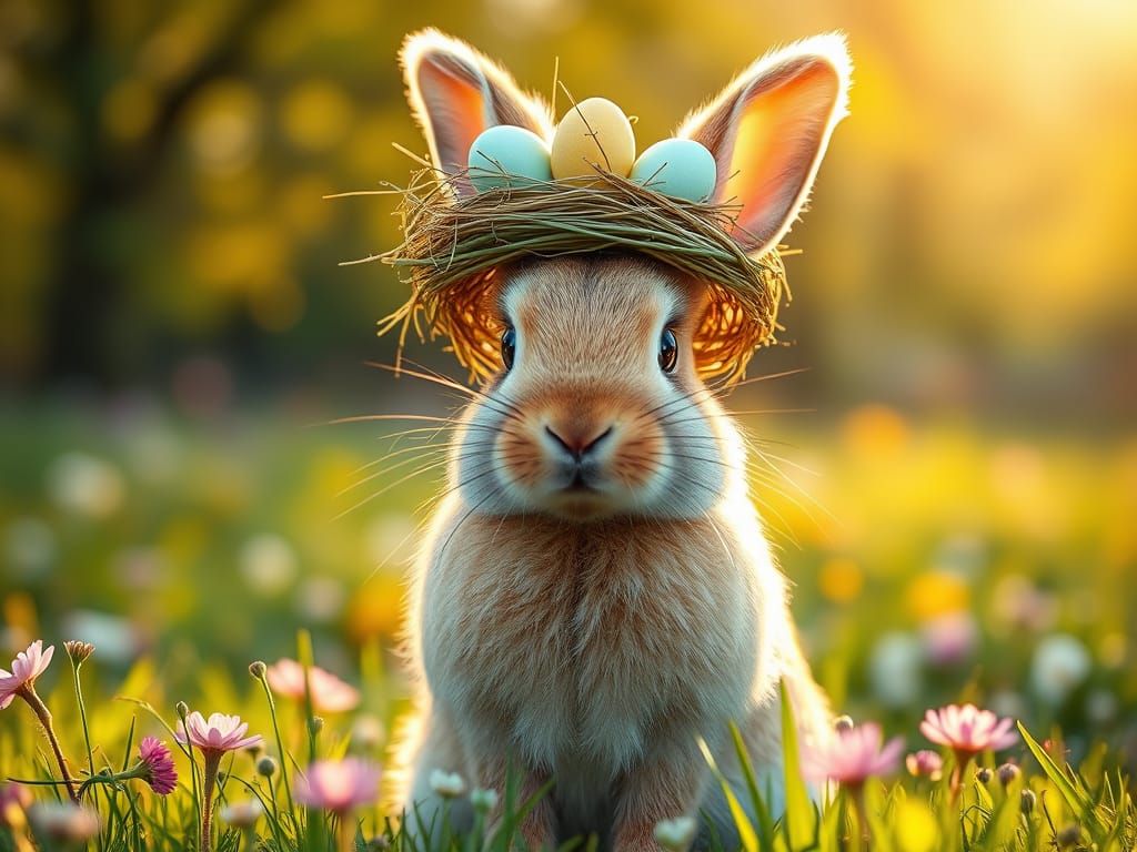 Majestic Golden Bunny in Whimsical Spring Meadow