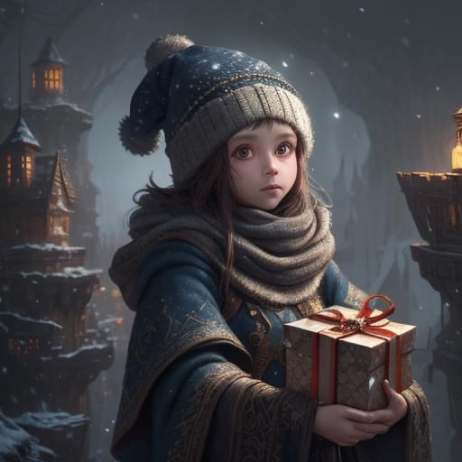 Girl with Winter Hat Surrounded by Presents