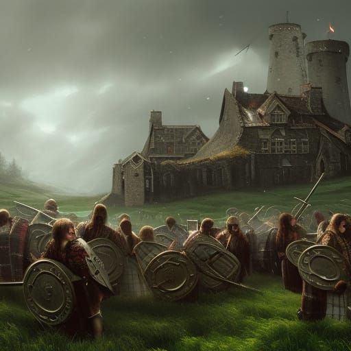 Celtic warriors besiege a fortified English manor
