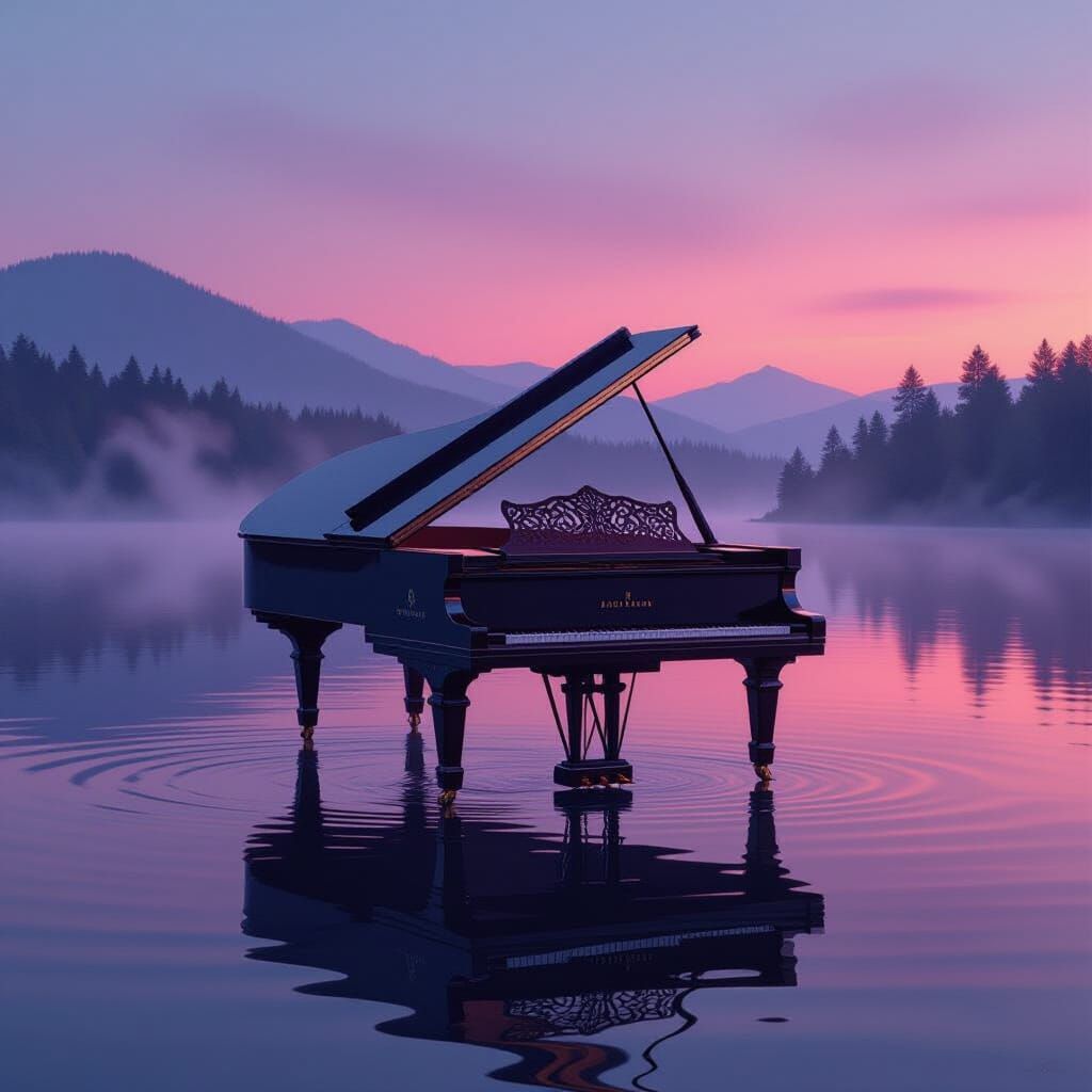 Grand Piano Emerges from Lake at Twilight