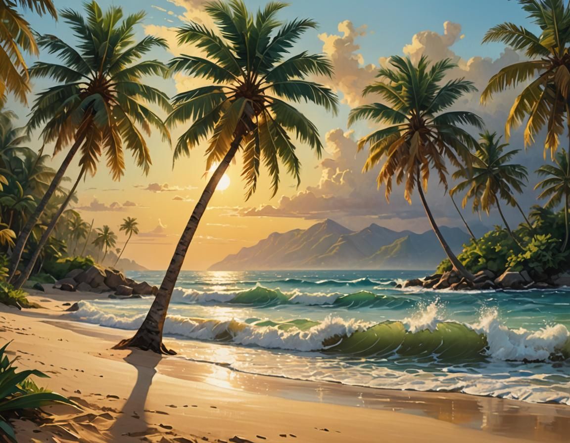 Tropical Beach Impressionism: Palm Trees in Golden Light