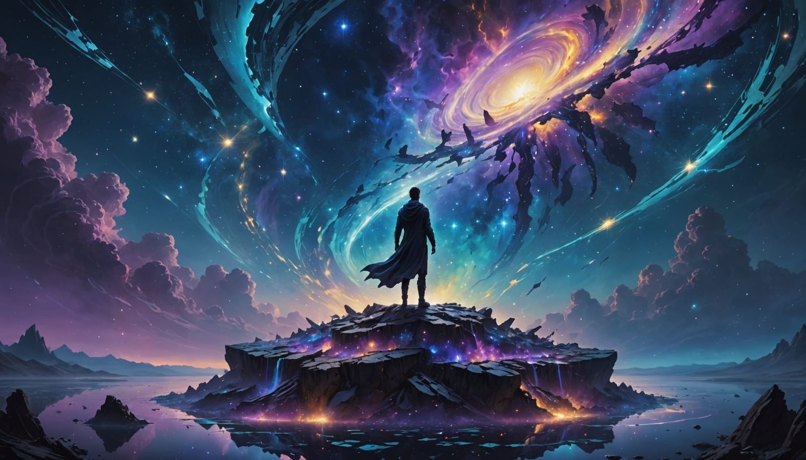 Celestial Being on Floating Island in Cosmic Dreamscape