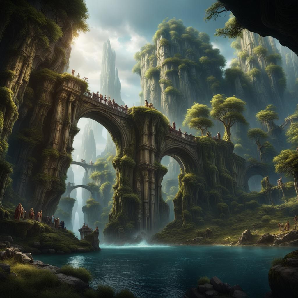 Fantastical Lost Cities with Waterfalls, Matte Painting
