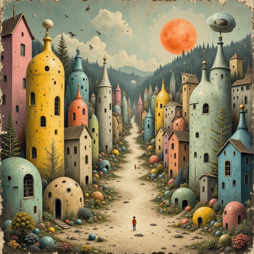 Abstract Surreal French Town in Vintage Postcard Style