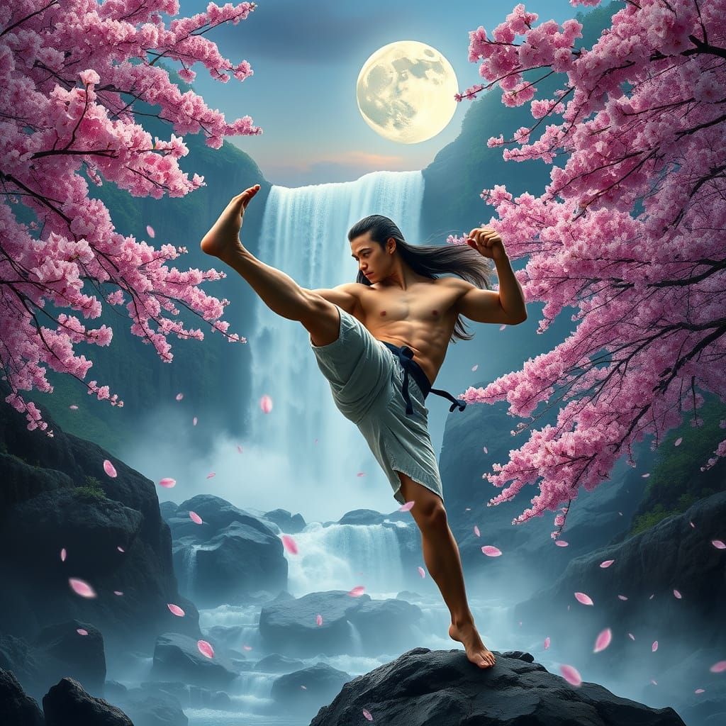 Martial Artist in Majestic Waterfall Setting