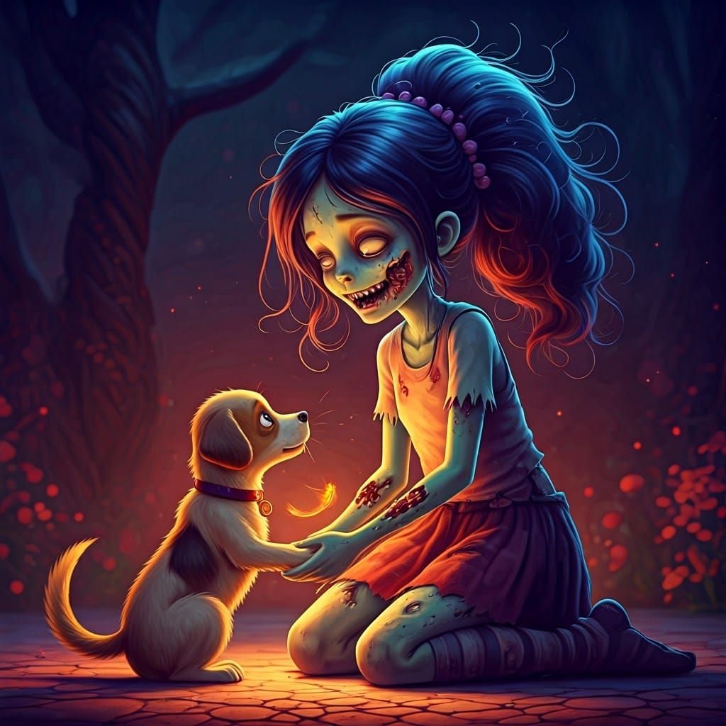 Zombie Girl and Puppy in Whimsical 3D Art