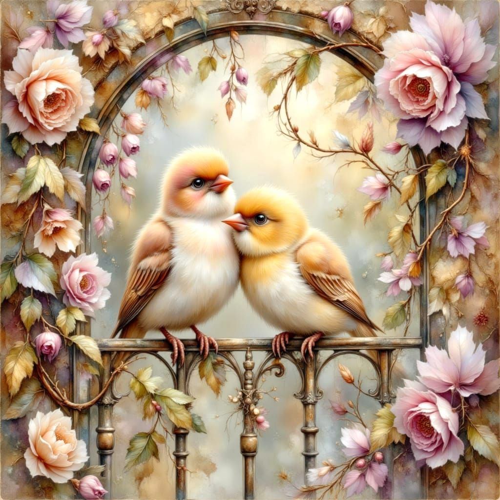 Lovebirds Nestled on Wisteria Arbor at Dawn