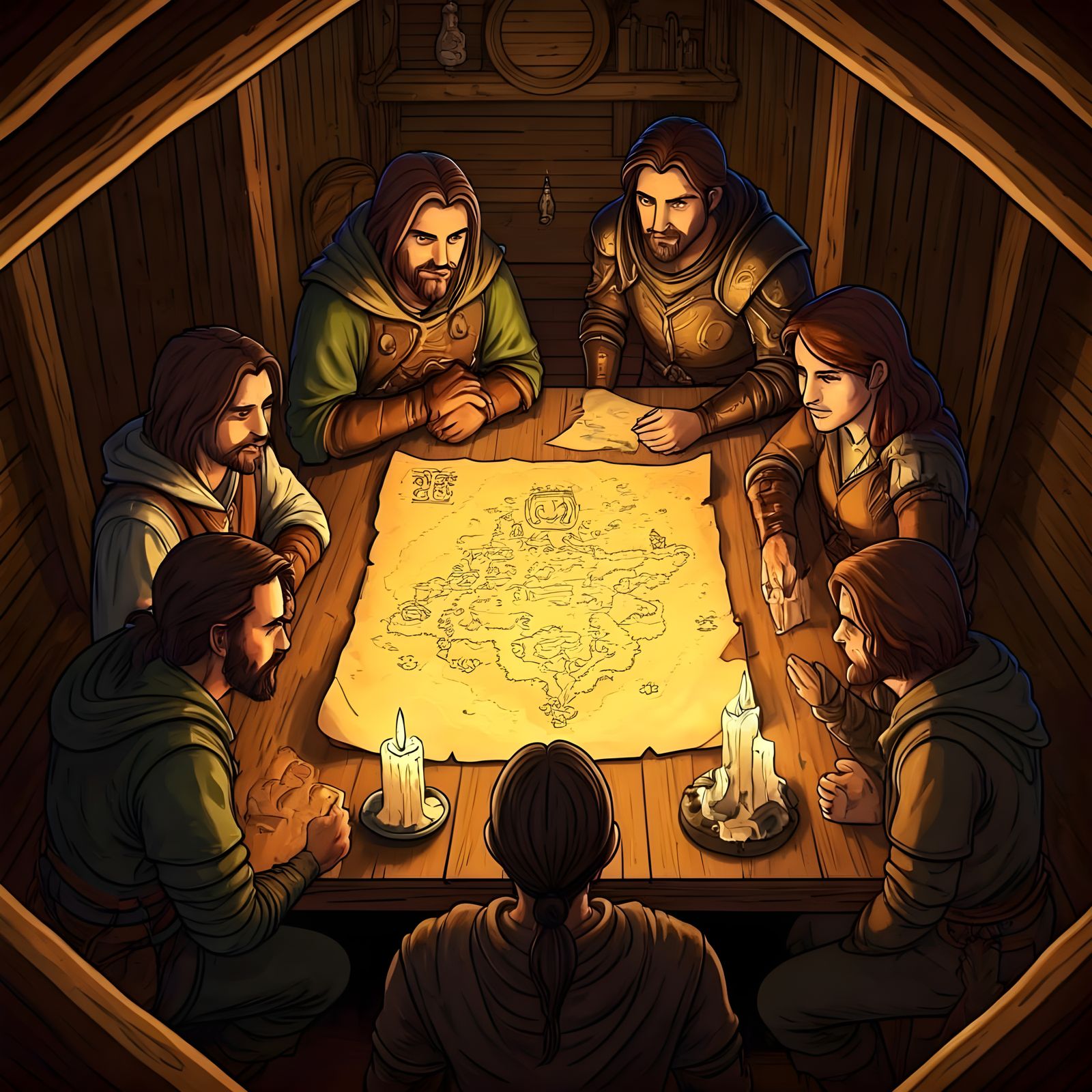 Tavern Scene: Adventurers Study Fantasy Map