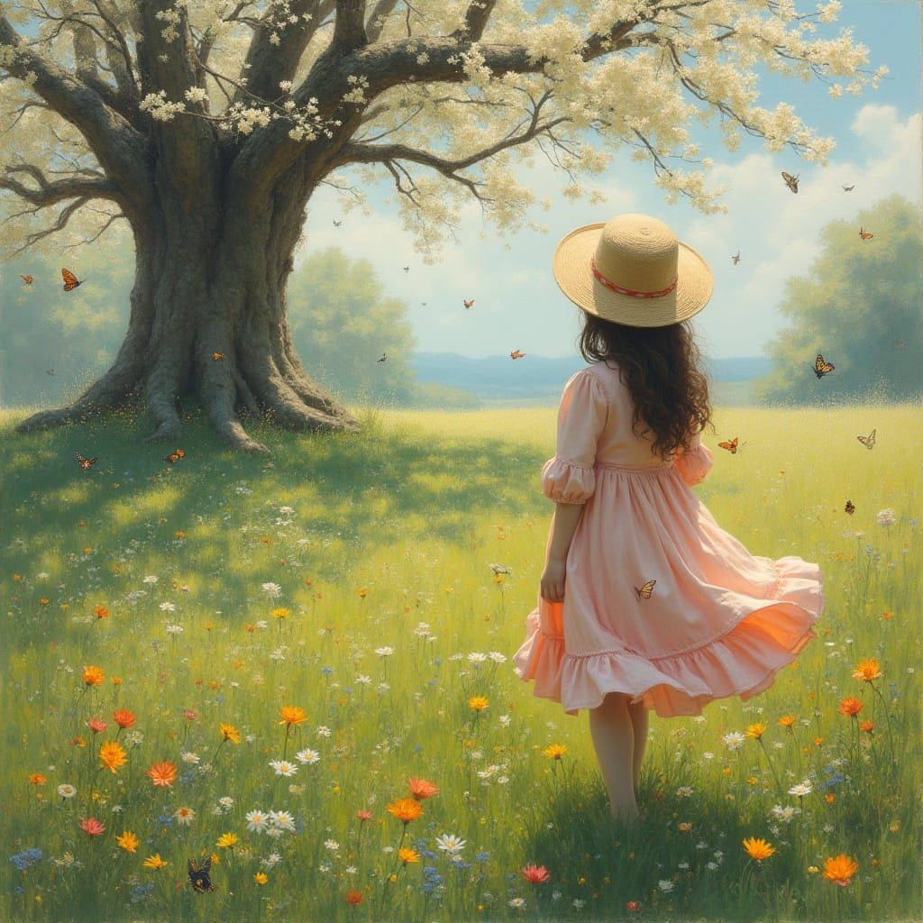 Young Girl in Spring Landscape, Flowers, Butterflies, and In...