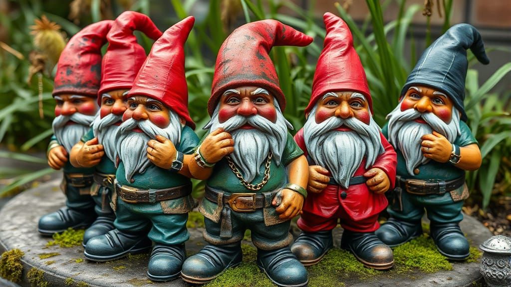 Garden Gnomes Embracing Urban Street Culture in Weathered Ga...