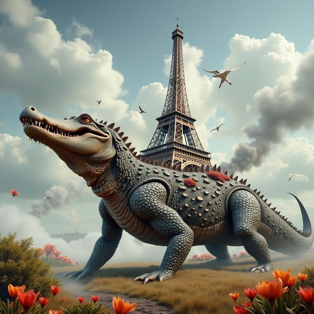 Crocodile with Eiffel Tower Back: Surreal Fusion