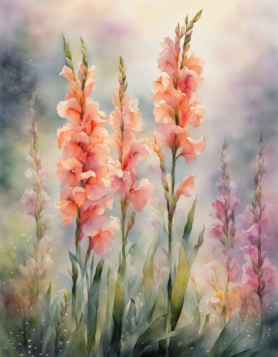 Ethereal Watercolor Gladioli in Morning Mist