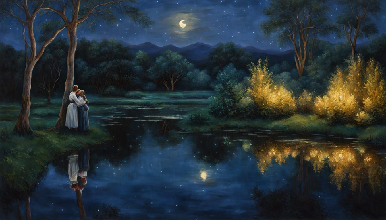 Romantic Embrace by Pond at Night