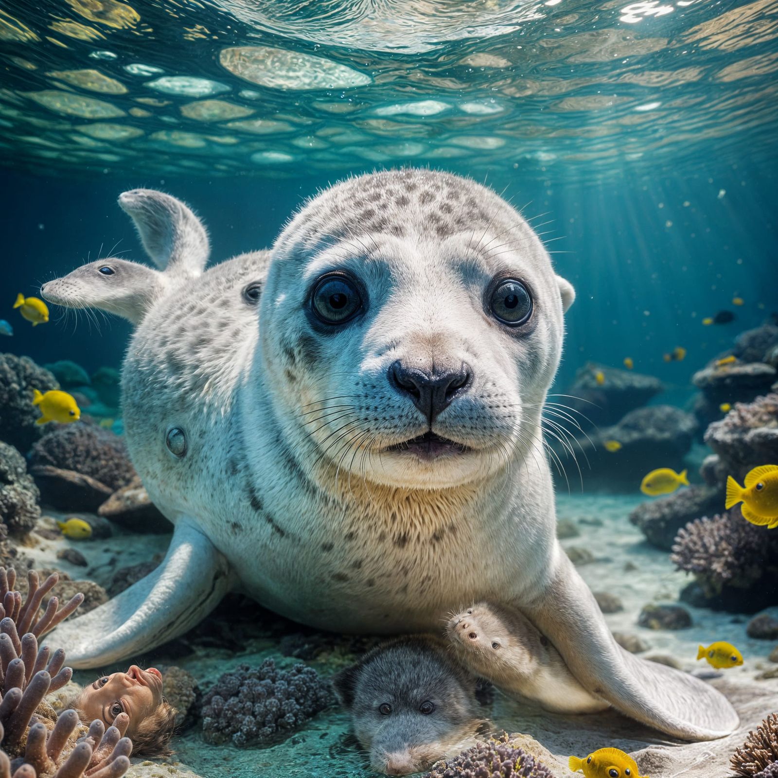 Adorable White Baby Seal Cub Swims Amidst Vibrant Reef Life