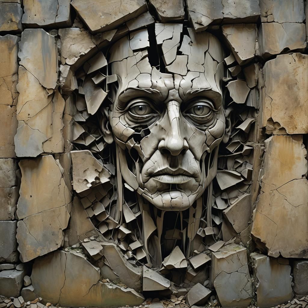 Fractured Porcelain Face in Stone Wall