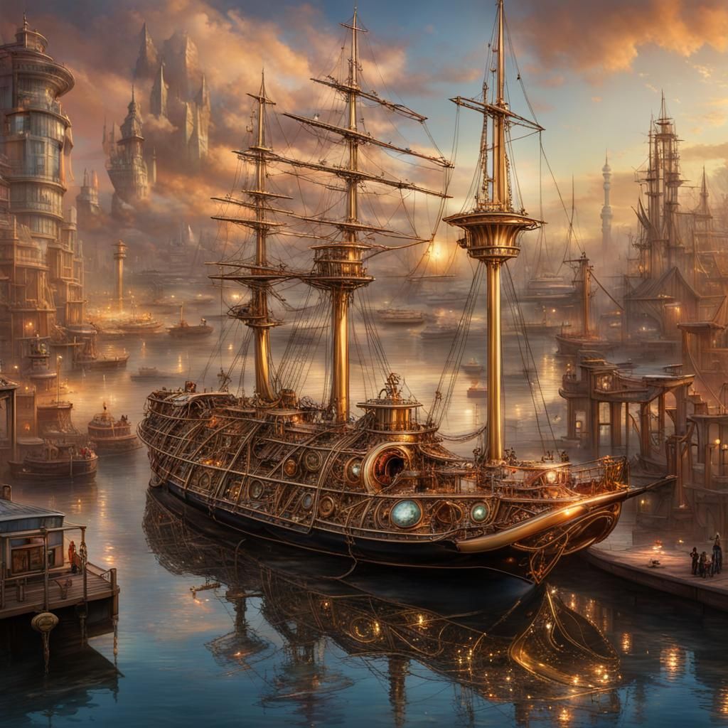 Steampunk Boats in Rainbow Harbor: Hyperrealistic Concept Ar...