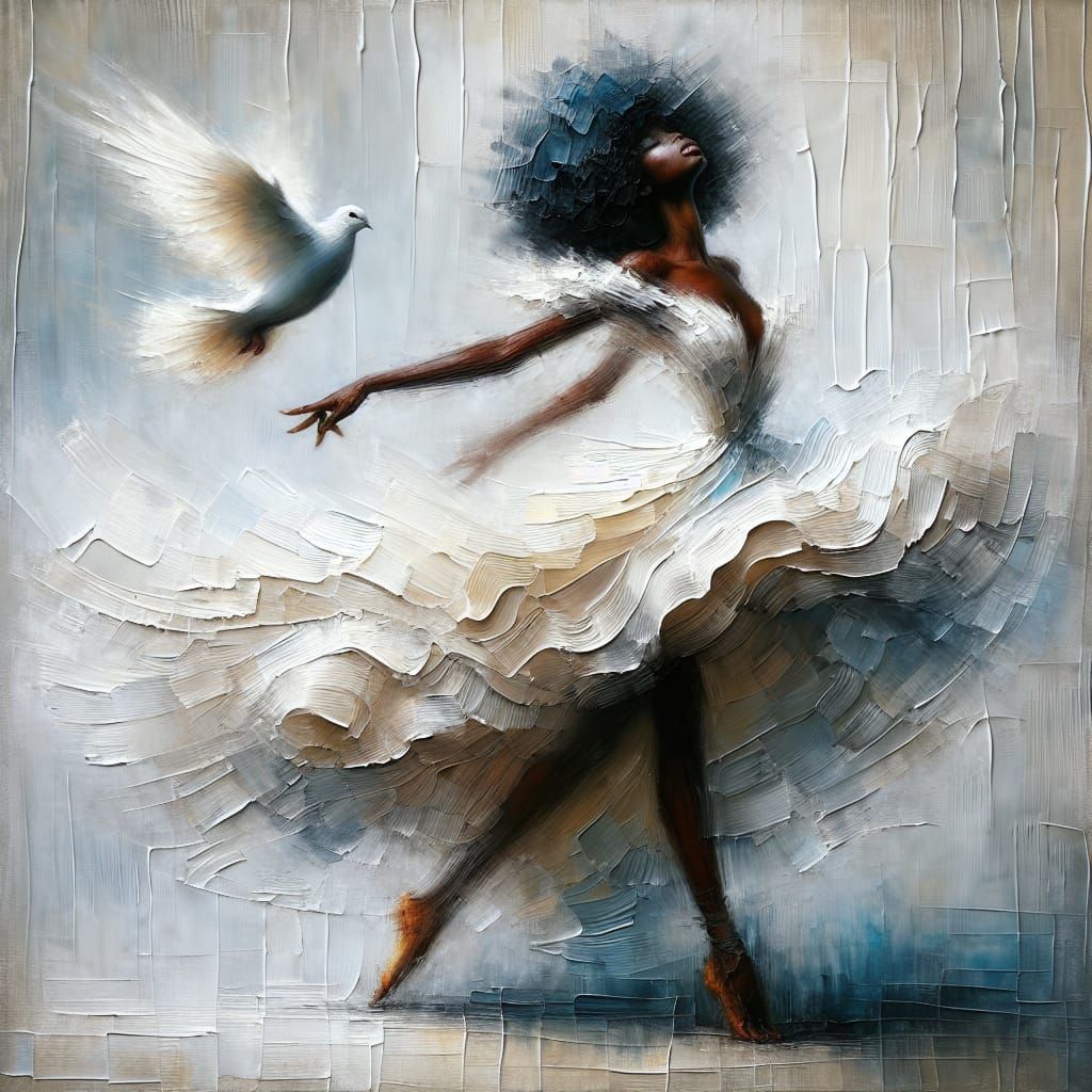 Woman Dancing with Dove in Oil Painting Style