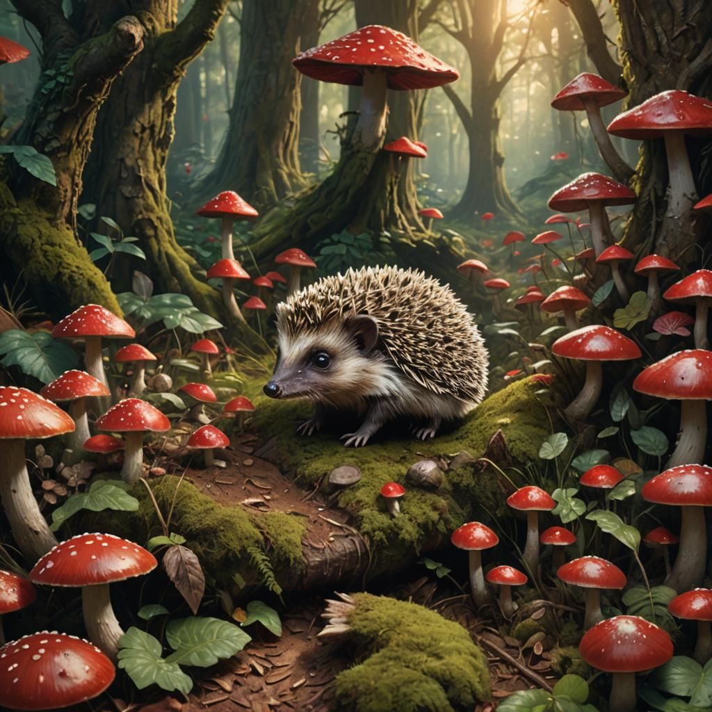 Baby Hedgehog in Enchanted Forest, Fantasy Art