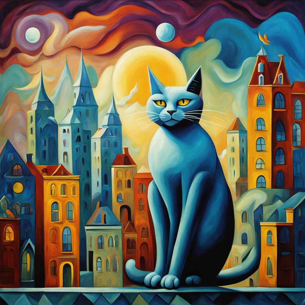 Giant Surreal Cat in Whimsical Cityscape Oil Painting