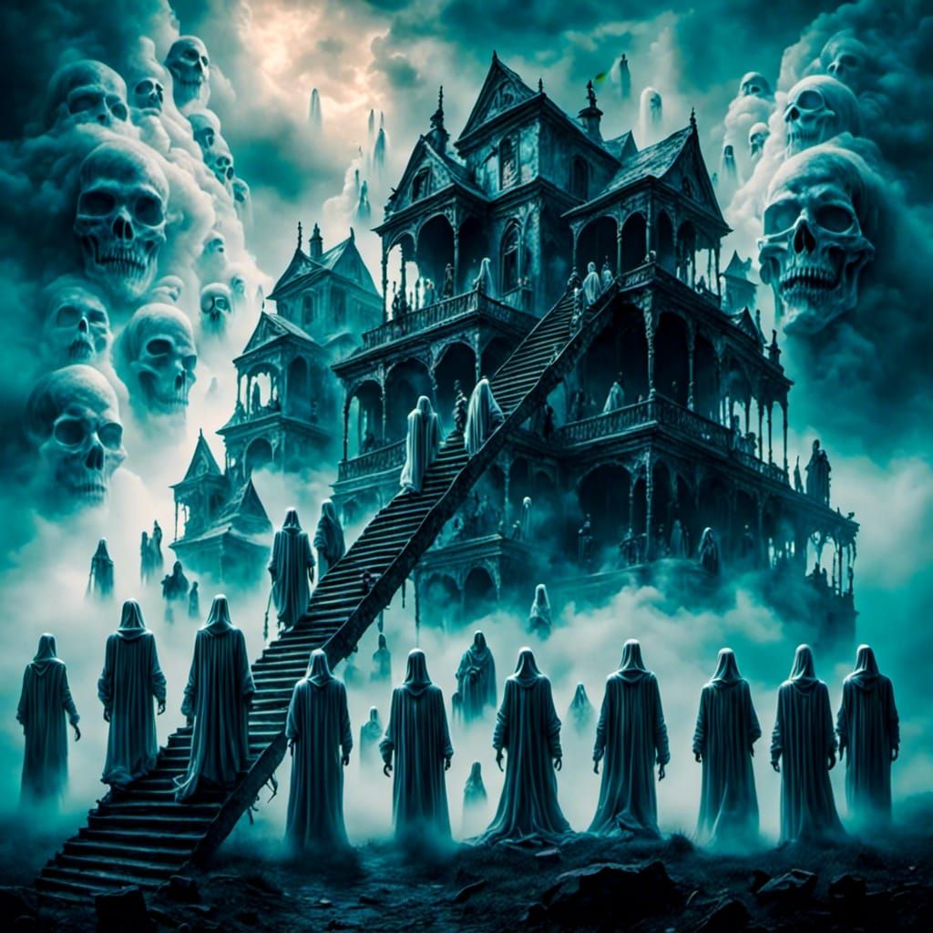 Masked Figures Ascend Ladder to Clouds