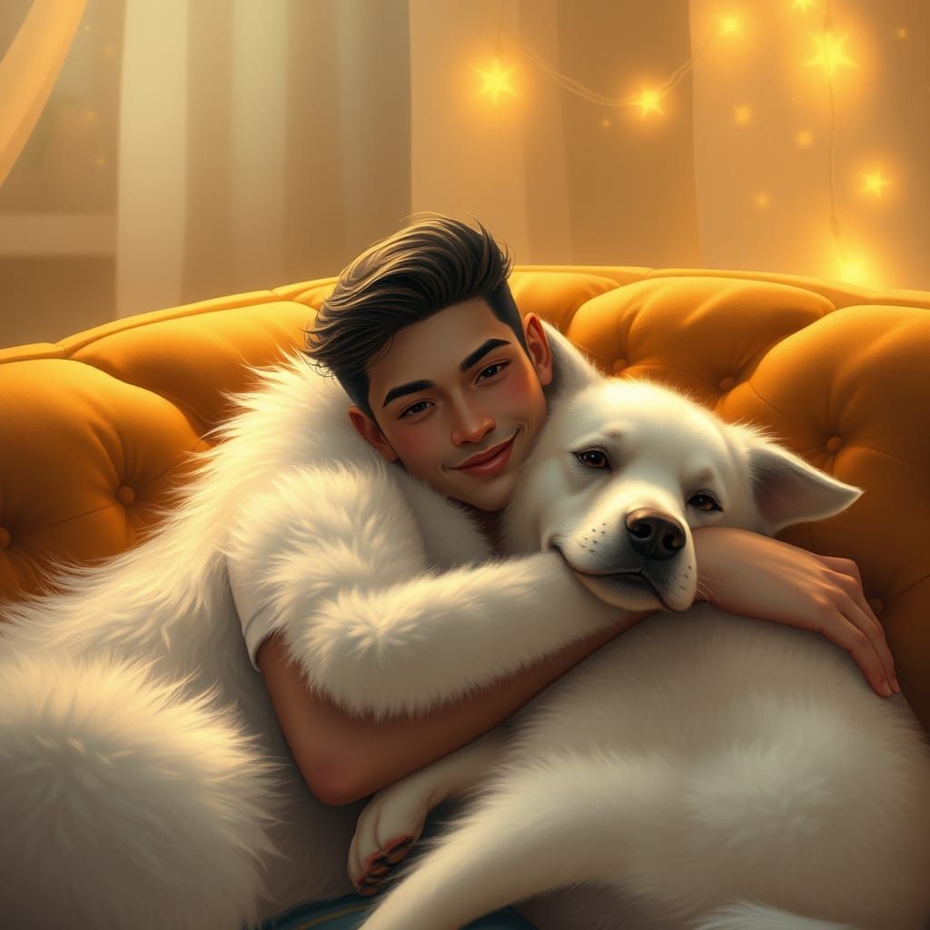 Whimsical Scene of Man and Dog in Enchanted Room