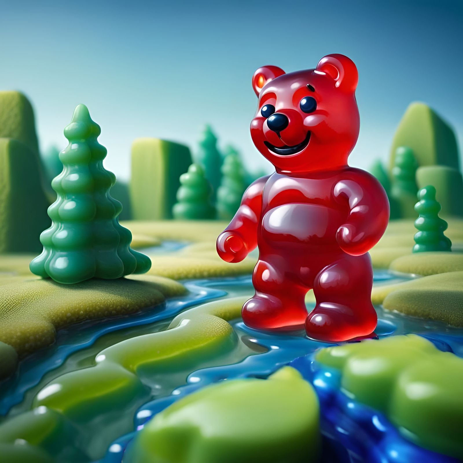 Friendly Gummy Bear in Jello Landscape