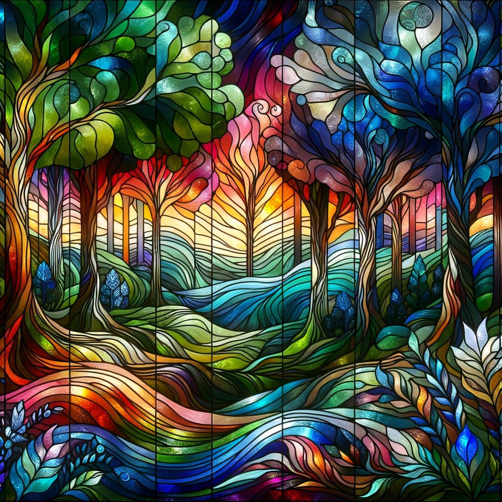 Mesmerizing hues of a serene fantasy forest gracefully captured in stained glass art. Illustration of a beautiful fantas...
