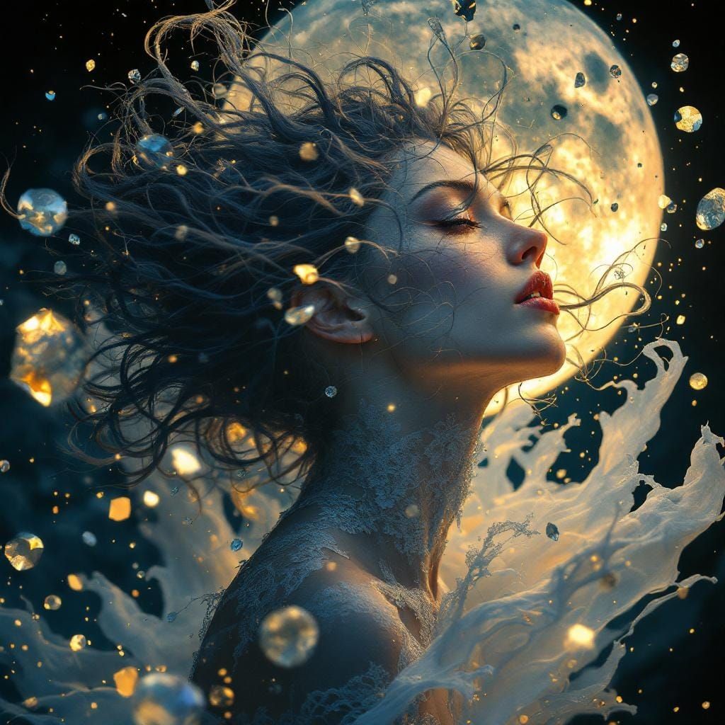 Ethereal Woman Dancing Under Moon in Golden Light