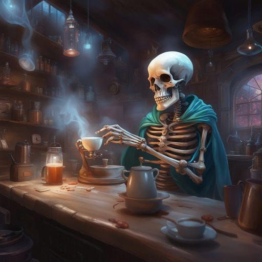 Skeleton Knight Drinks Coffee: Hyperdetailed Concept Art
