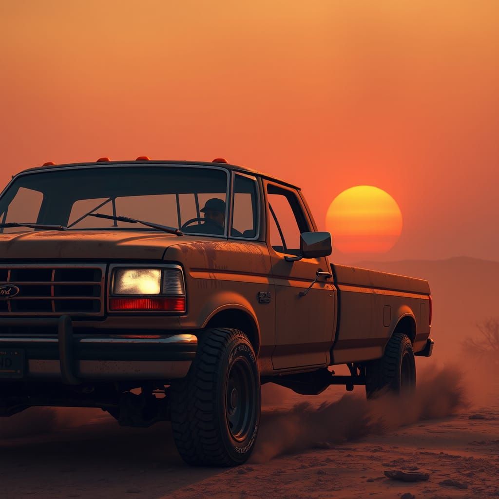 Ford F-150 in a Desert Sunset, in a Cyberpunk Aesthetic