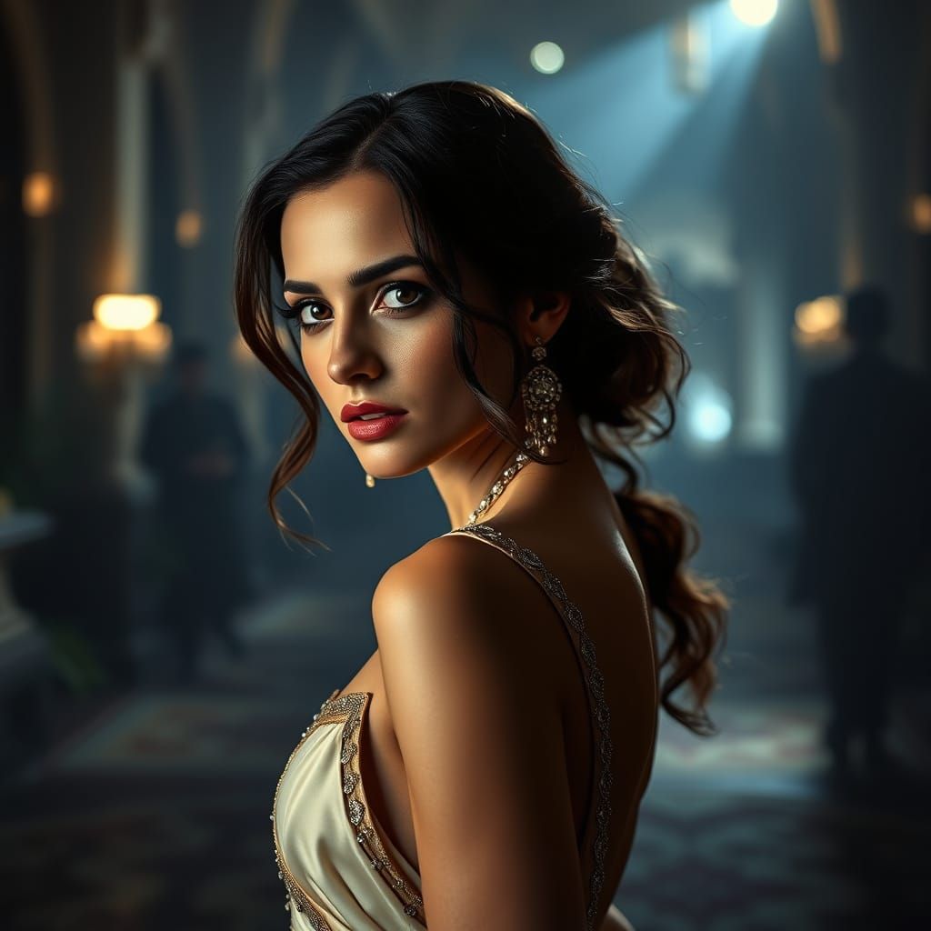 Elegant Actress in Moody Cinematic Setting