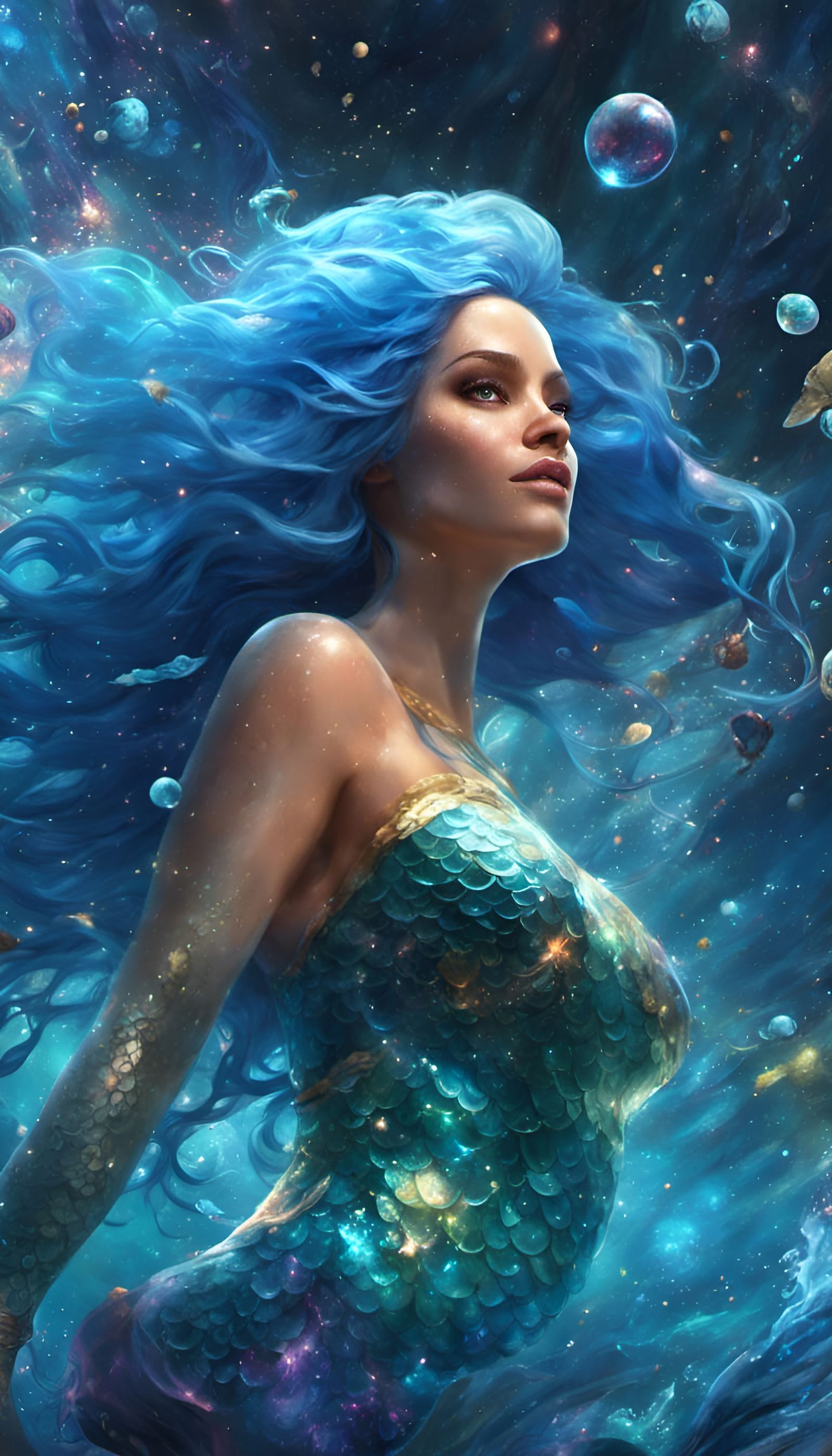 Blue-Haired Mermaid in Space Nebula, Fantasy Art