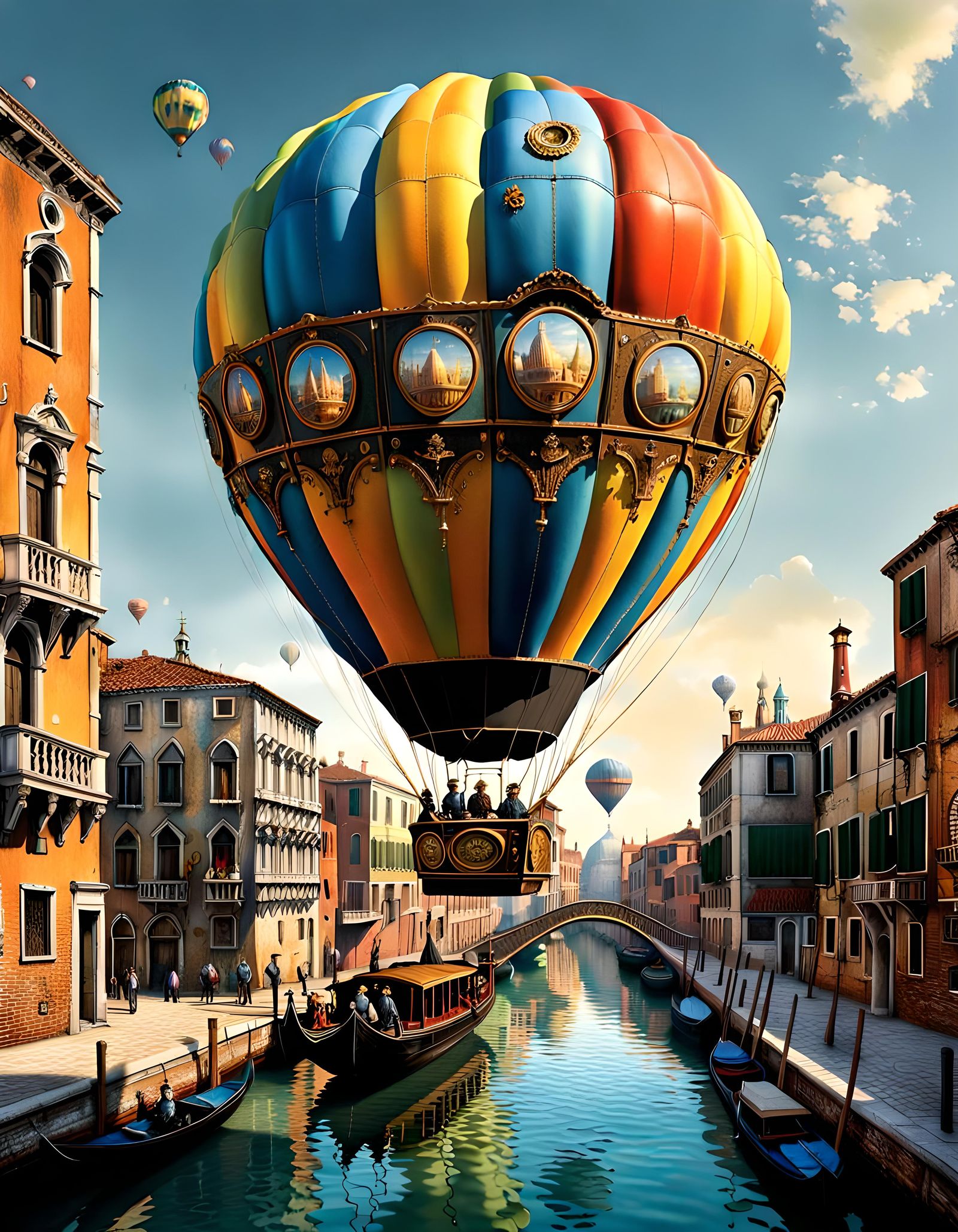 Steampunk Robotic Balloon Over Venice, Baroque Painting Styl...