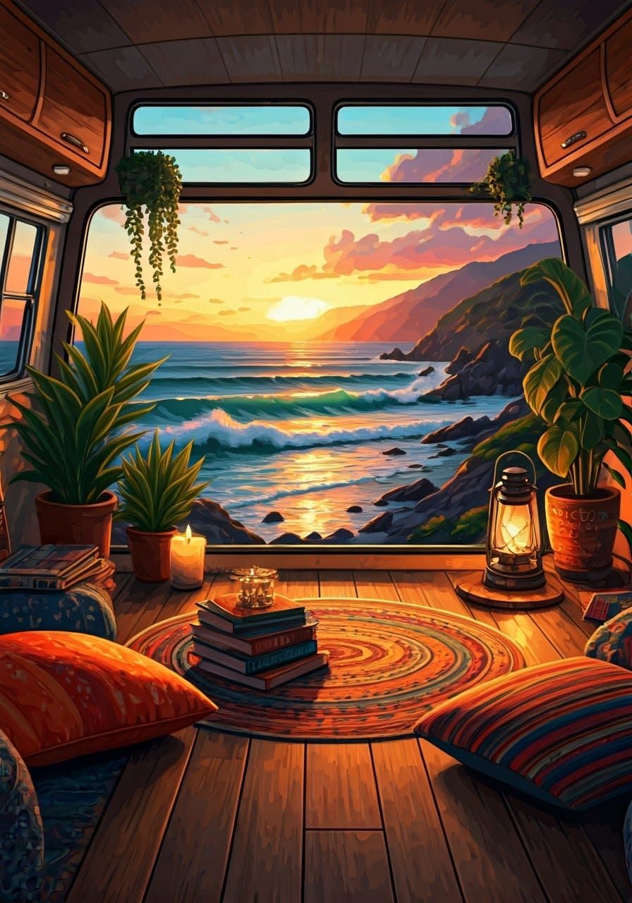 Cozy Bohemian Camper Van Interior at Sunset