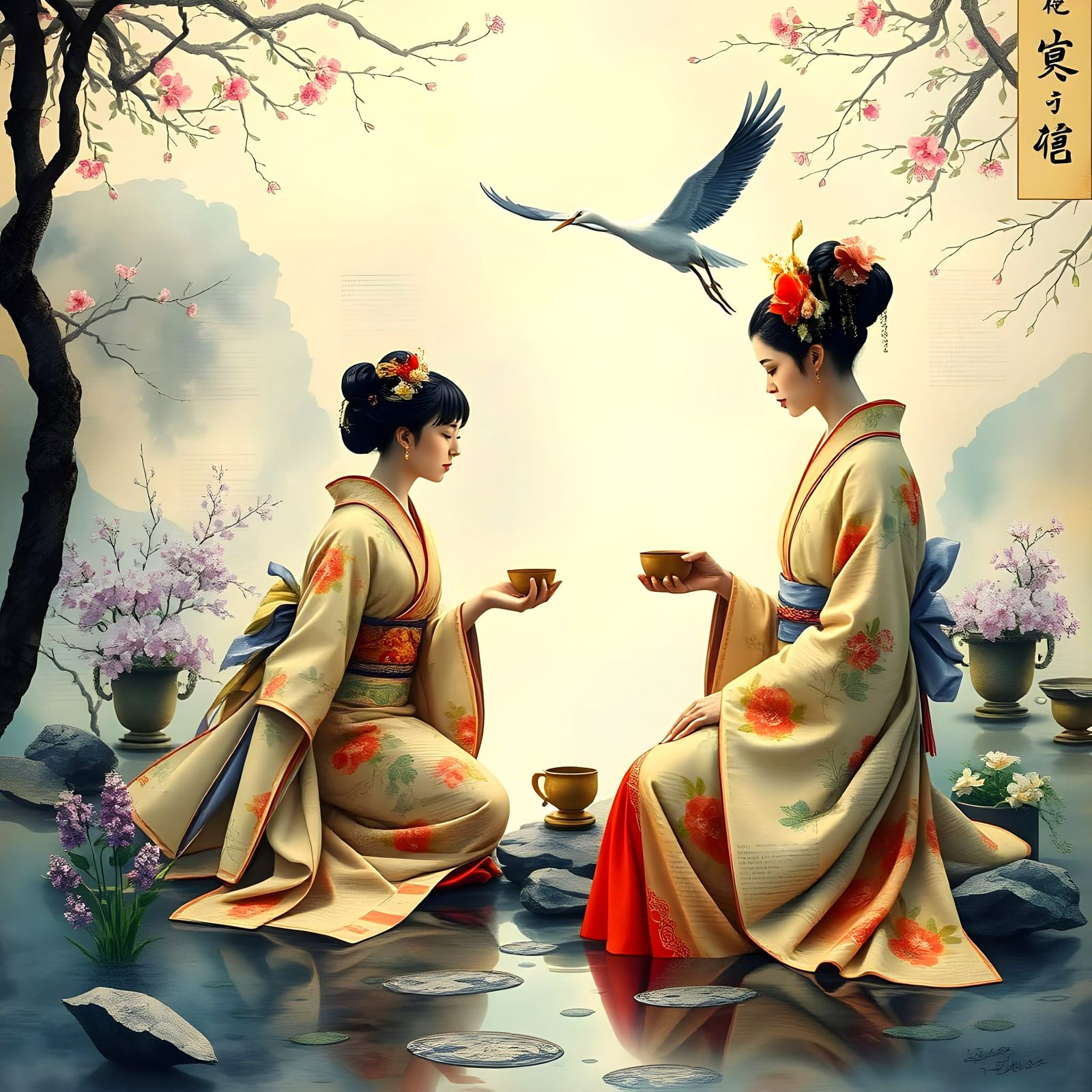 Ethereal Geisha Landscape in Mixed Media Watercolour