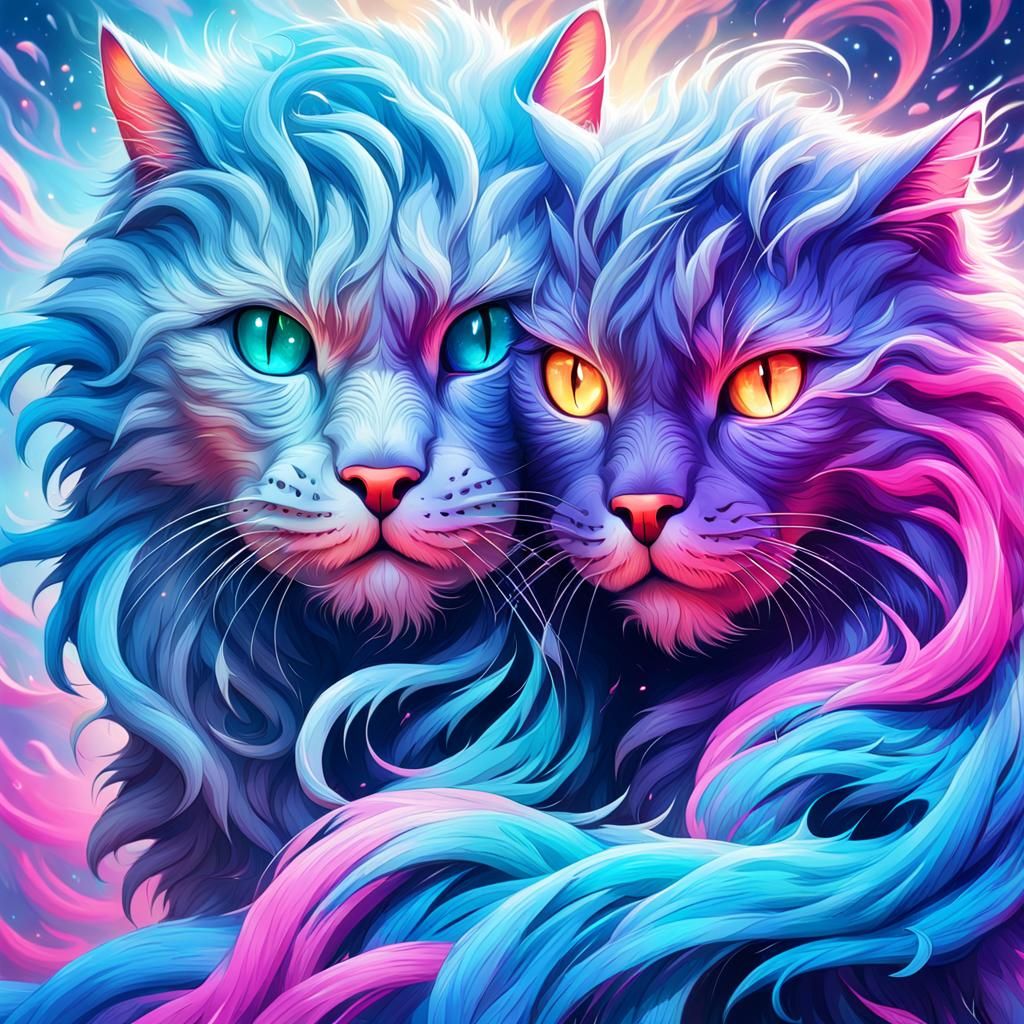 Two Cats Battling in Swirling Mist: Digital Art
