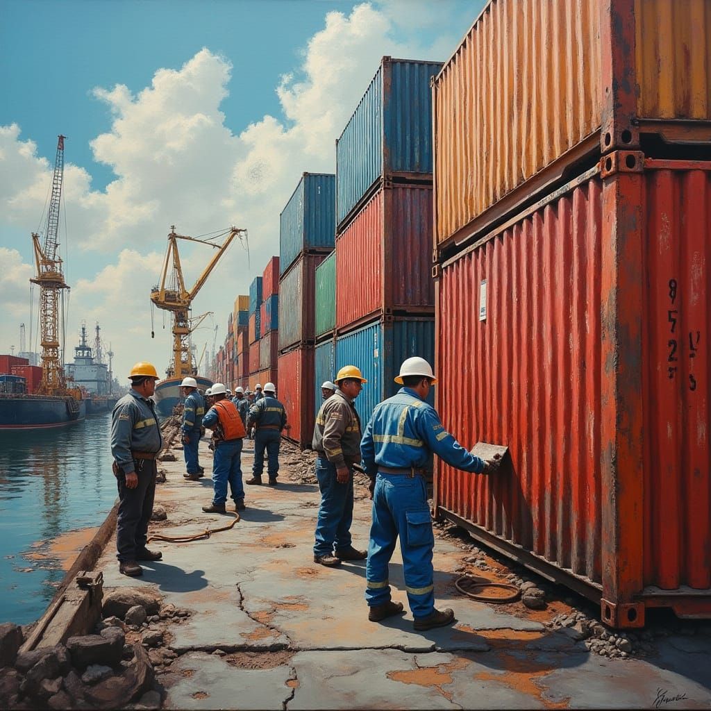 Busy Port Scene with Dockworkers, Surreal Street Art