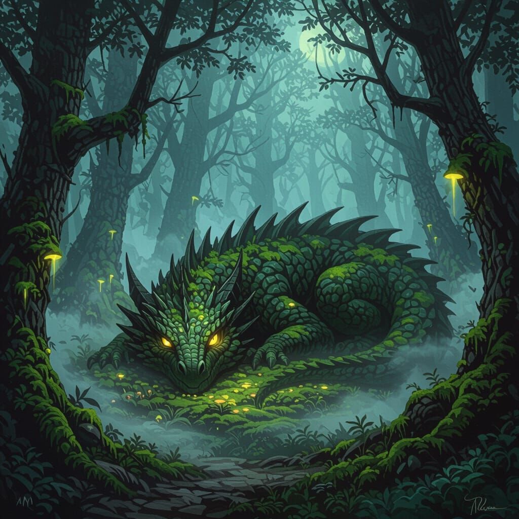 Slumbering Dragon in Dark Fantasy Forest