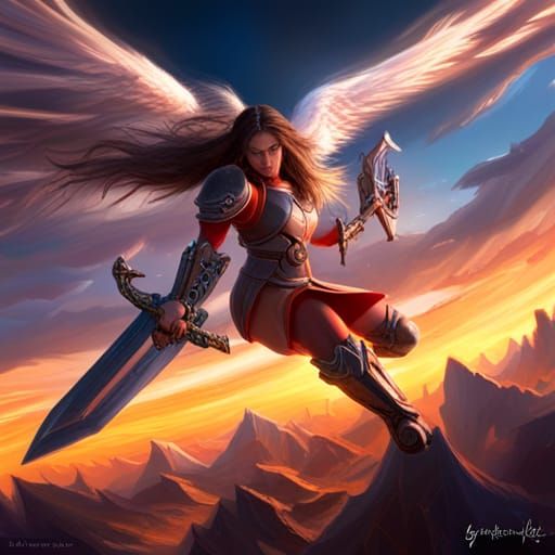 Winged Battle Angel with Glowing Sword, Dark Fantasy Art