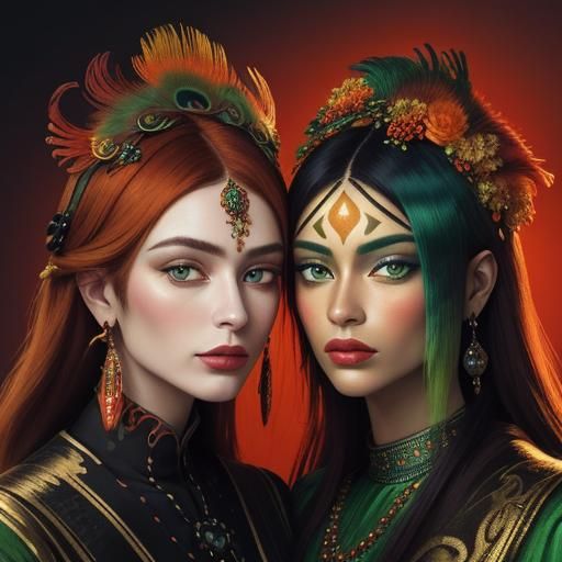 Fauvist Portrait of Women with Peacock Feathers